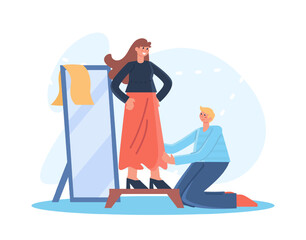 Fototapeta premium Trying on sewn clothes, tailoring, cutting to order. Selection of clothes, man makes measurements during fitting. Seamstress work concept. Flat vector illustration in cartoon style