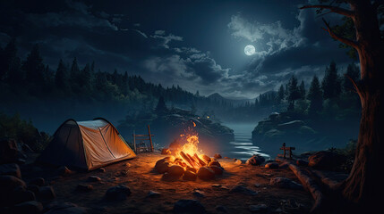 camp site a night with a tent and a campfire and a mysterious creature hiding and spying on the camp - obrazy, fototapety, plakaty