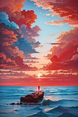 Young Girl on Rock Island in Sea Watching Sunrise