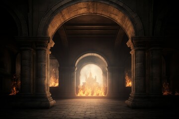 Naklejka premium Ancient arch fire. Generate Ai