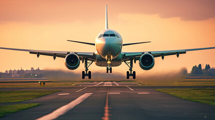 A large jetliner taking off from airport runway at sunset or dawn with the landing gear down and the landing gear down, as the plane is about to take off. Generative AI.
