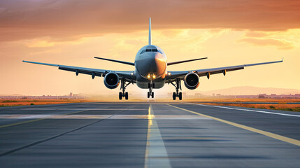 Naklejka premium A large jetliner taking off from airport runway at sunset or dawn with the landing gear down and the landing gear down, as the plane is about to take off. Generative AI.