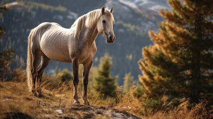 Alpine wild horse in nature. Generative AI.