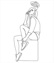 Continuous line drawing of a young woman feeling sad, tired and worried about depression in mental health. problems, failures and broken heart concepts isolated on white
