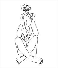 Continuous line drawing of a young woman feeling sad, tired and worried about depression in mental health. problems, failures and broken heart concepts isolated on white