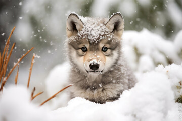 A Cute wolf baby  in winter snow. Generative AI.