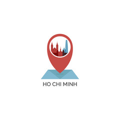 Vietnam Ho Chi Minh map pin point geolocation modern skyline shape pointer vector logo icon isolated illustration. Web emblem idea with landmarks and building silhouettes