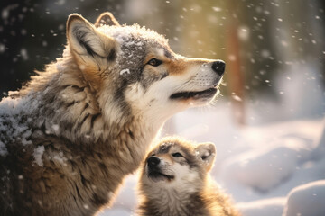 Fototapeta premium Mother wolf and wolf cubs in winter snow. Generative AI.
