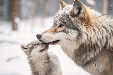 Fototapeta premium Mother wolf and wolf cubs in winter snow. Generative AI.