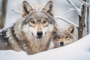Mother wolf and wolf cubs in winter snow. Generative AI.
