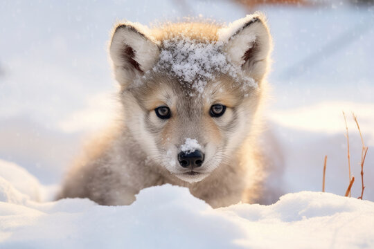 A Cute wolf baby  in winter snow. Generative AI.