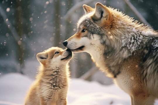 Mother wolf and wolf cubs in winter snow. Generative AI.