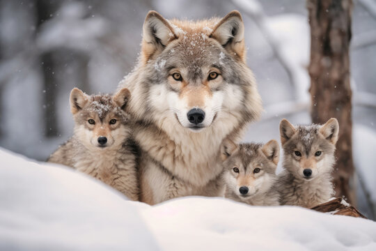 Mother wolf and wolf cubs in winter snow. Generative AI.