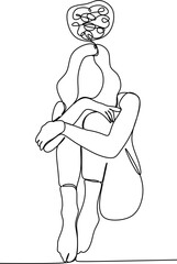 Continuous line drawing of a young woman feeling sad, tired and worried about depression in mental health. problems, failures and broken heart concepts isolated on white