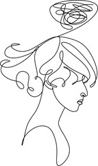 Continuous line drawing of a young woman feeling sad, tired and worried about depression in mental health. problems, failures and broken heart concepts isolated on white