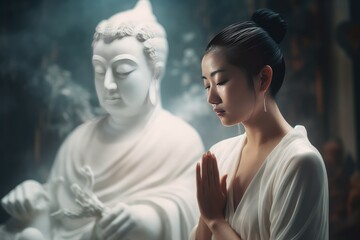 Fototapeta premium Chinese lady pray buddha. Generate AI