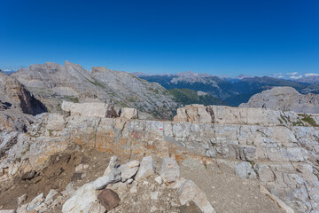 Fototapeta premium The Latemar summits seen by high mountain trail. UNESCO world heritage site, Trentino-Alto Adige, Italy, Europe. Awesome mountain panorama