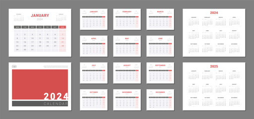 Set of 2024 Calendar Planner Template with cover and annuals calendars 2024, 2025. Vector layout of a wall or desk simple calendar with week start monday. Calendar grid in grey, red color for print