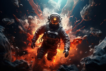 Astronaut in opaque spacesuit in space, close-up of exploding planet and meteor shower. Effective action interstellar illustration