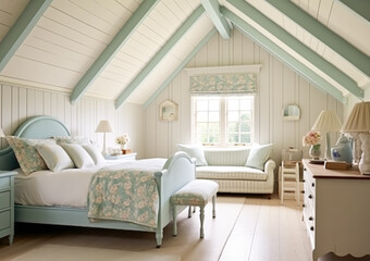 Cottage bedroom decor, interior design and holiday rental, bed with elegant bedding linen and antique furniture, English country house and farmhouse style
