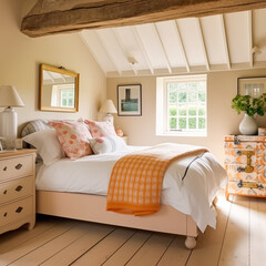 Cottage bedroom decor, interior design and holiday rental, bed with elegant bedding linen and antique furniture, English country house and farmhouse style