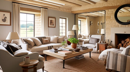 Cottage living room decor, sitting room and interior design, antique furniture, sofa and home decor in English country house and elegant farmhouse style