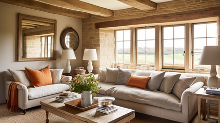 Fototapeta premium Cottage living room decor, sitting room and interior design, antique furniture, sofa and home decor in English country house and elegant farmhouse style