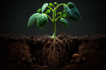 a young plant with roots in the ground,a young plant with roots,green vegetable sprouts grow in the soi,Growing plant with underground root visible,generative ai