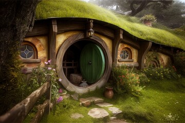 Concept art illustration of hobbit house, Generative AI