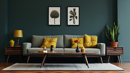 Stylish Living Room Interior Mockup, Modern Interior Design, 3D Render, 3D Illustration