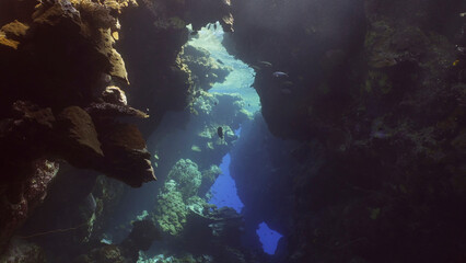 Fototapeta na wymiar Sunshine penetrate the underwater coral cave and illuminate it. Tropical fish swim inside coral caves in the sunrays penetrating from the surface, Red sea, Egypt
