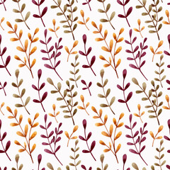 Seamless pattern with red, yellow and green branches on a white background. Watercolor illustration. Wallpaper. Print on fabric and paper. Autumn. Nature. Natural. Handmade work. Bright. Art. Design.
