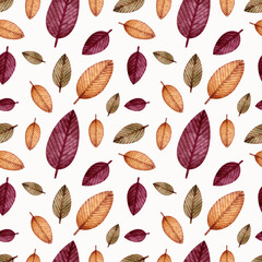 Seamless pattern with different autumn leaves on a white background. Watercolor illustration. Wallpaper. Print on fabric and paper. Autumn. Nature. Natural. Handmade work. Bright. Art. Design. Season.