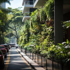 A captivating photo of a thriving green wall in an urban environment, showcasing the harmony between nature and the cityscape. Generative AI