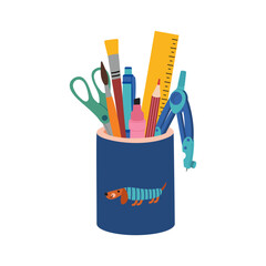 Desktop stand with pencil, pen, scissors, ruler, paintbrushes. Stationery items for school, work, study. Hand drawn vector illustration isolated on white background, modern flat cartoon style.