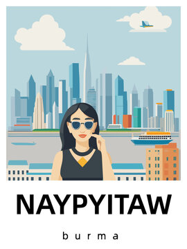 NAYPYITAW: Flat design tourism poster with a cityscape of NAYPYITAW (Burma)