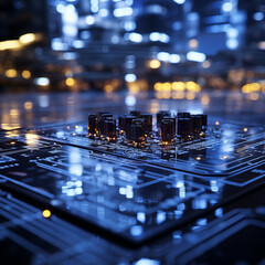 Città smart, circuito stampato con componenti davanti ad una città sfuocata illuminata