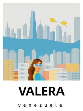 Valera: Flat design tourism poster with a cityscape