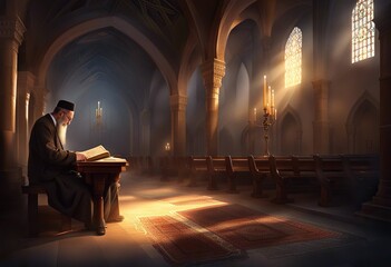 Pious jew prays in synagogue, reads the holy book of the Torah, generative AI. - obrazy, fototapety, plakaty