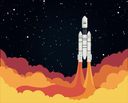 Chandrayaan rocket launch vector illustration, starting space rocket with smoke clouds on dark night sky background | ISRO