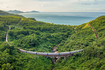 Aerial view of train and railway on Hai Van pass, Thua Thien Hue area, Vietnam