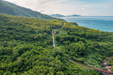 Aerial view of train and railway on Hai Van pass, Thua Thien Hue area, Vietnam