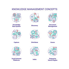 2D editable icons set representing knowledge management concepts, isolated vector, thin line colorful illustration.