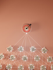 Red dartboard and black arrow connection linkage with human icon for customer focus target group...
