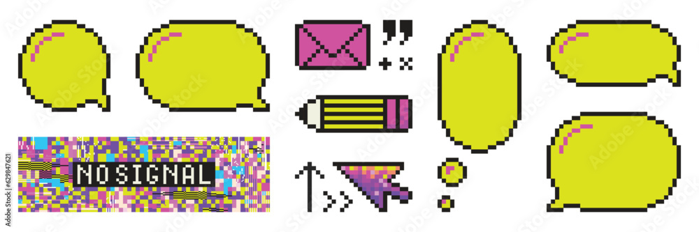 Poster retro set of pixel dialogue box and elements, no signal tv screen. vector nostalgia 80's-90's style 