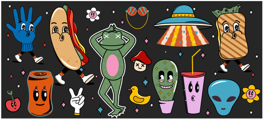 Set of icons and characters in groovy style. Trendy designs from the 60s and 70s. Hippie. Vector stock illustration. Cleaning. Icon. 