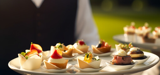 Luxury food service, appetisers by a waiter at a wedding celebration or formal event in classic English style at luxurious hotel or country estate, generative ai