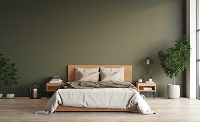 Bed in modern bedroom interior. Green home design. Decor background for house design