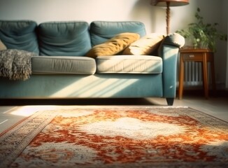 Living room interior with stylish furniture, focus on soft carpet. Created with Generative AI technology.