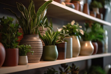 Shelf with many different houseplants in store